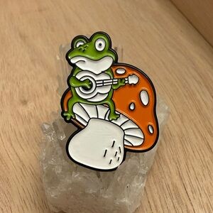 Cute Green Frog on Orange Mushroom Enamel Pin - BUNDLE AND SAVE